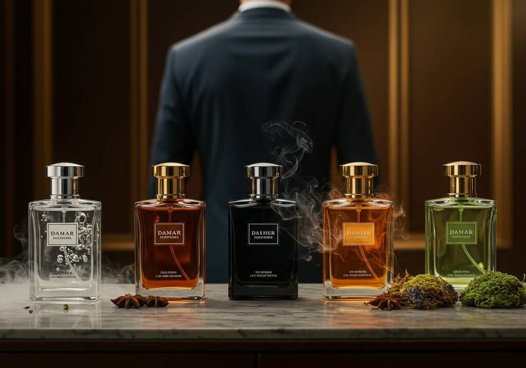 5 different bottles of Damar Men's Cologne representing different scent personalities